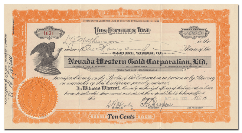 Nevada Western Gold Corporation, Ltd. Stock Certificate