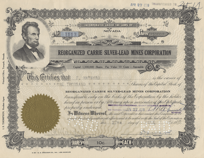 Reorganized Carrie Silver-Lead Mines Corporation Stock Certificate