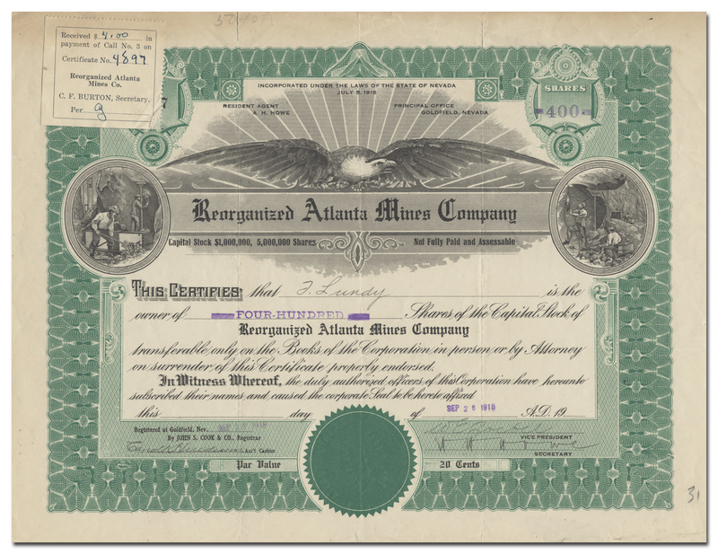 Reorganized Atlanta Mines Company Stock Certificate