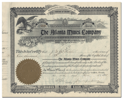 Atlanta Mines Company Stock Certificate