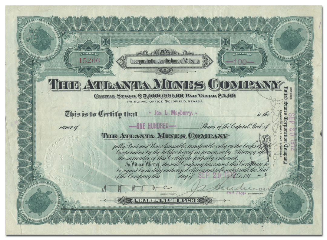 Atlanta Mines Company Stock Certificate