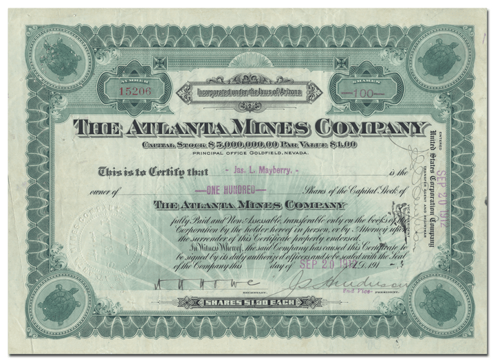 Atlanta Mines Company Stock Certificate