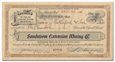 Sandstorm Extension Mining Co. Stock Certificate