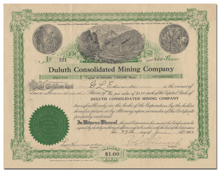 Duluth Consolidated Mining Company Stock Certificate