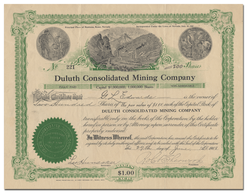 Duluth Consolidated Mining Company Stock Certificate