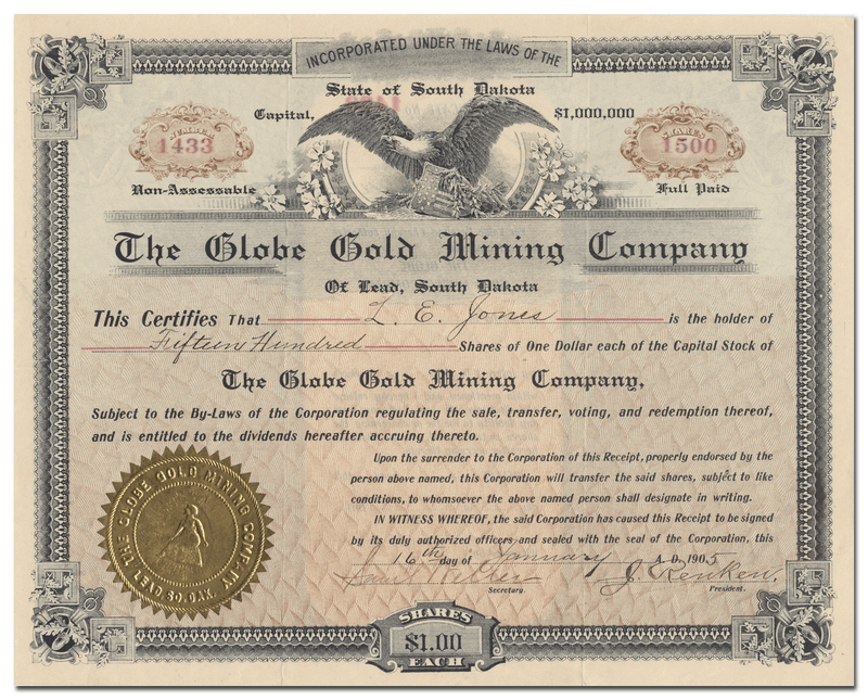 Globe Gold Mining Company Stock Certificate