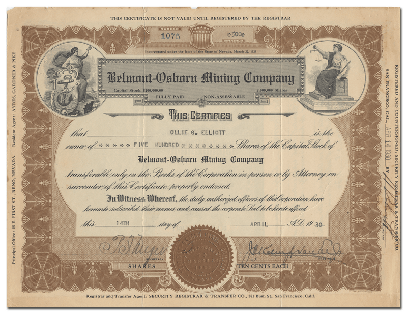 Belmont-Osborn Mining Company Stock Certificate