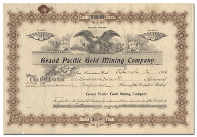 Grand Pacific Gold Mining Company Stock Certificate