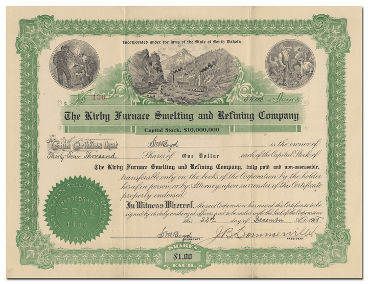 Kirby Furnace Smelting and Refining Company Stock Certificate