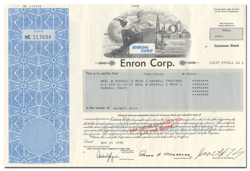 Enron Corp. Stock Certificate