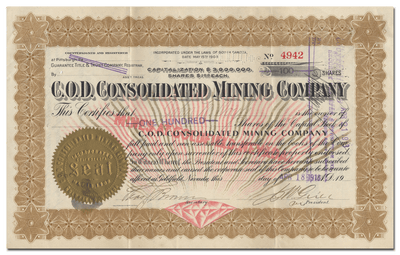 C. O. D. Consolidated Mining Company Stock Certificate