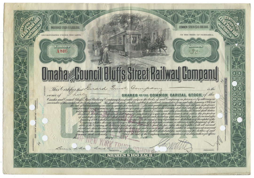 Omaha and Council Bluffs Street Railway Company Stock Certificate