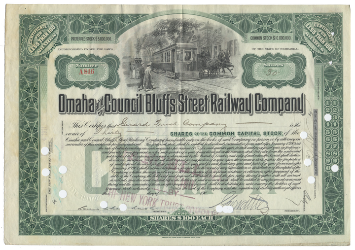 Omaha and Council Bluffs Street Railway Company Stock Certificate