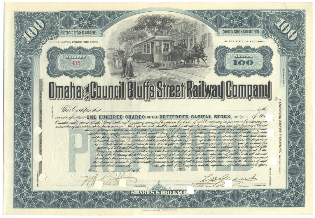 Omaha and Council Bluffs Street Railway Company Stock Certificate