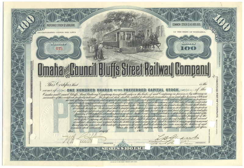 Omaha and Council Bluffs Street Railway Company Stock Certificate