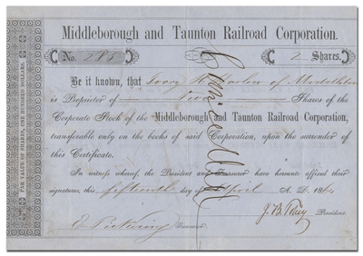 Middleborough and Taunton Railroad Corporation Stock Certificate