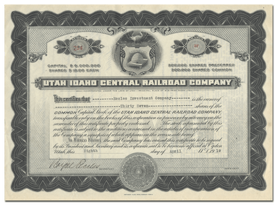 Utah Idaho Central Railroad Company Stock Certificate