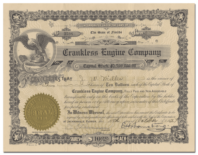 Crankless Engine Company Stock Certificate
