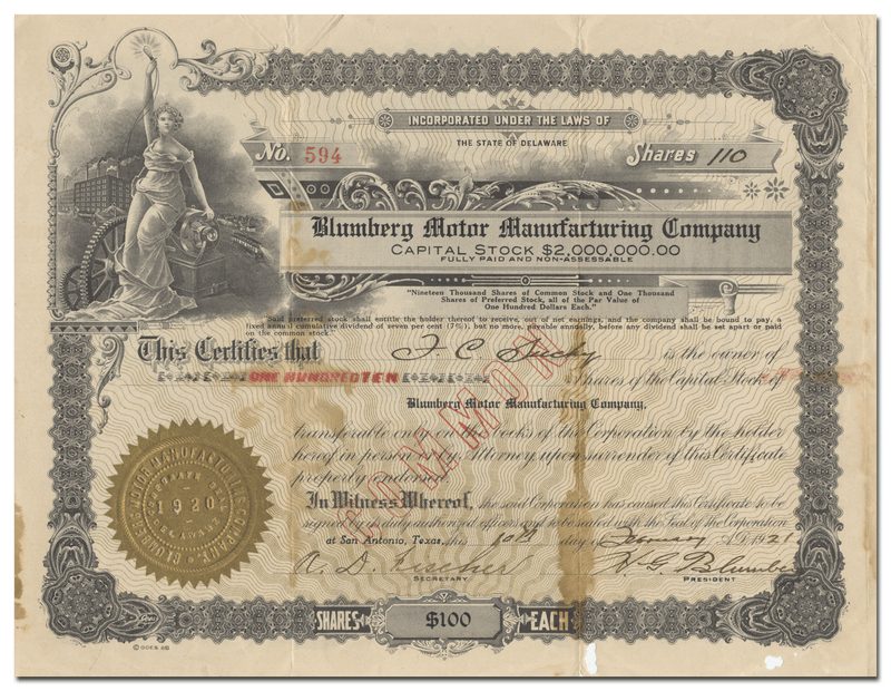 Blumberg Motor Manufacturing Company Stock Certificate