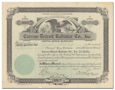 Curran-Detroit Radiator Co., Inc. Stock Certificate