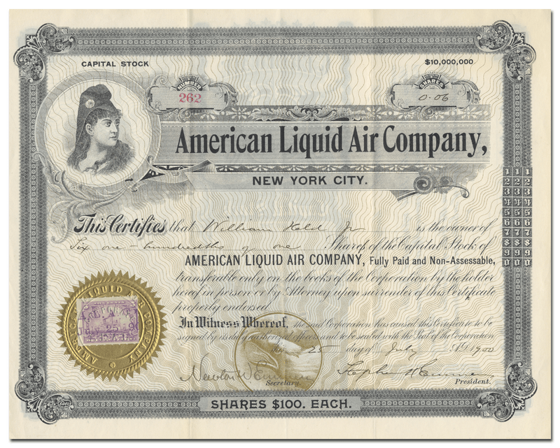 American Liquid Air Company Stock Certificate