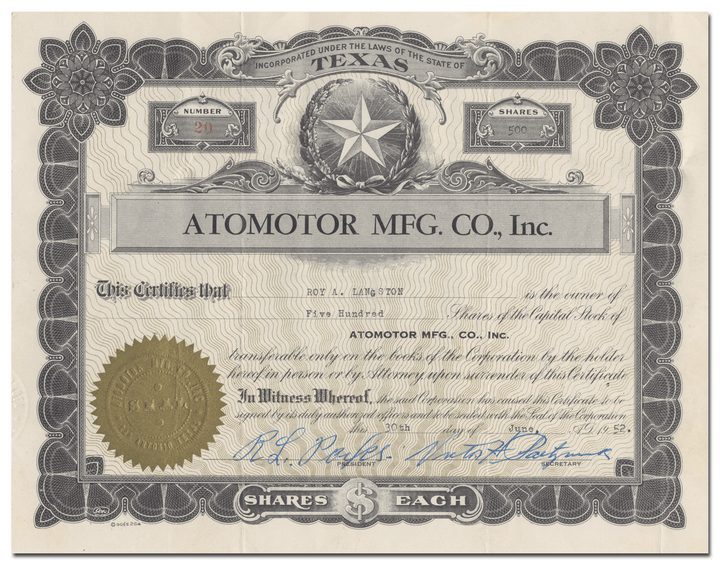 Atomotor Mfg. Co., Inc. Stock Certificate