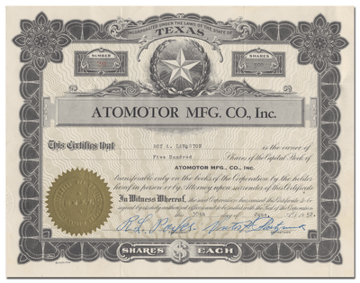 Atomotor Mfg. Co., Inc. Stock Certificate