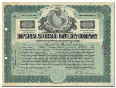 Imperial Storage Battery Company Stock Certificate