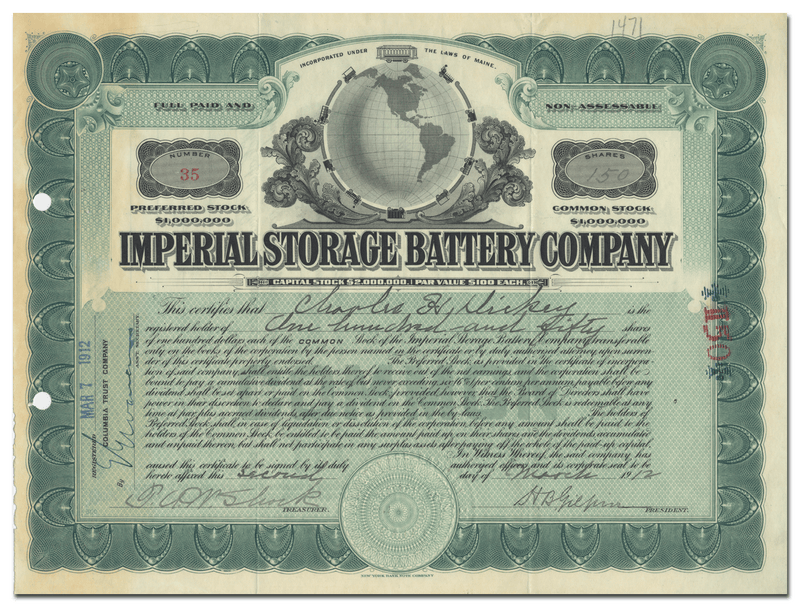 Imperial Storage Battery Company Stock Certificate