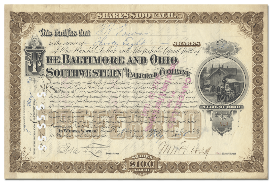 Baltimore and Ohio Southwestern Railway Company Stock Certificate