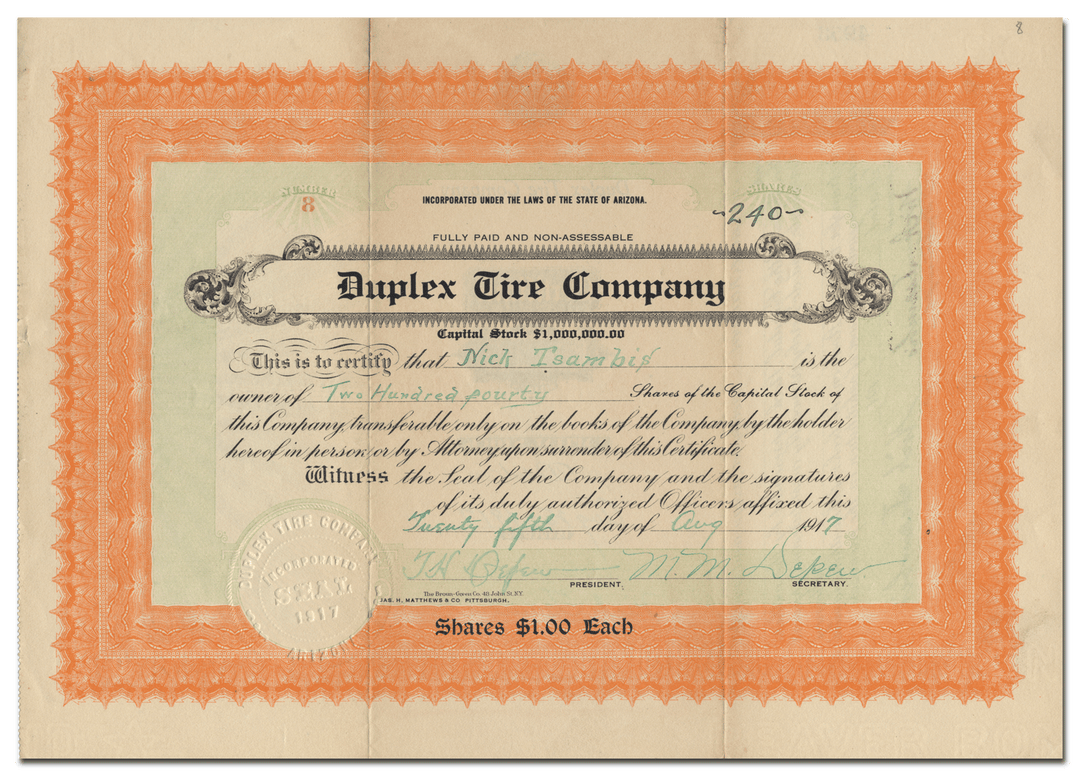 Duplex Tire Company Stock Certificate