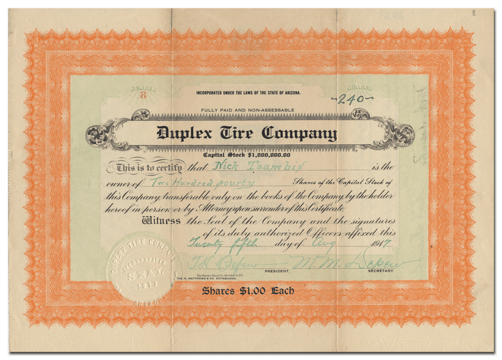 Duplex Tire Company Stock Certificate