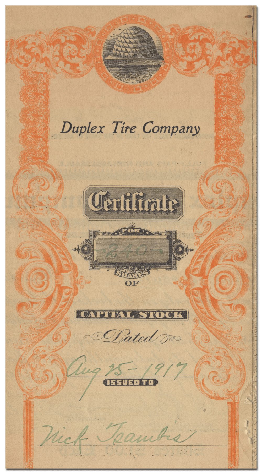 Duplex Tire Company Stock Certificate