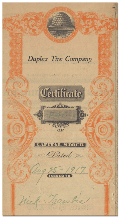 Duplex Tire Company Stock Certificate