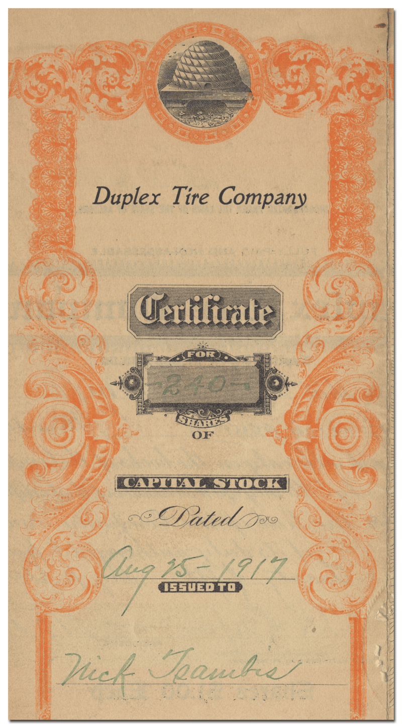 Duplex Tire Company Stock Certificate