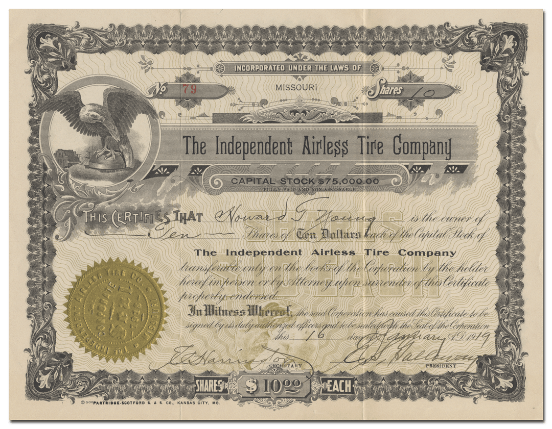 Independent Airless Tire Company Stock Certificate