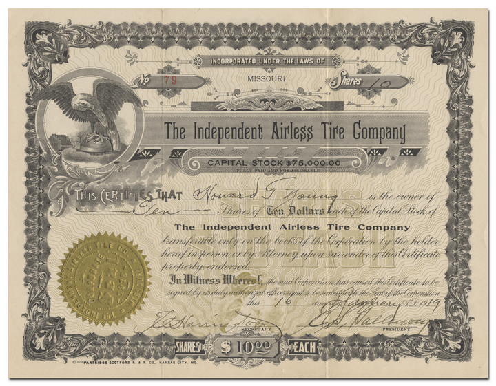 Independent Airless Tire Company Stock Certificate