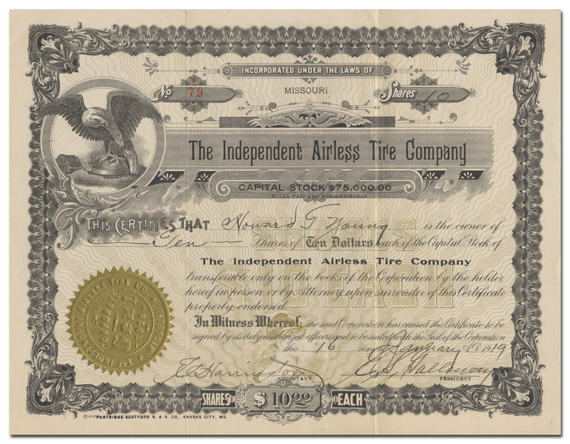 Independent Airless Tire Company Stock Certificate