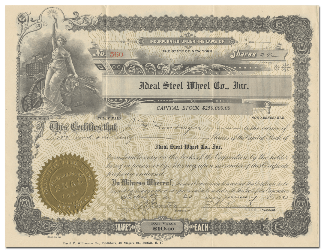 Ideal Steel Wheel Co., Inc. Stock Certificate