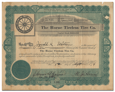 Horne Tireless Tire Co. Stock Certificate