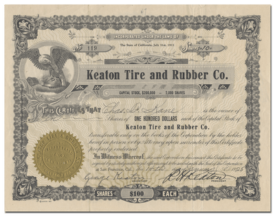 Keaton Tire and Rubber Co. Stock Certificate
