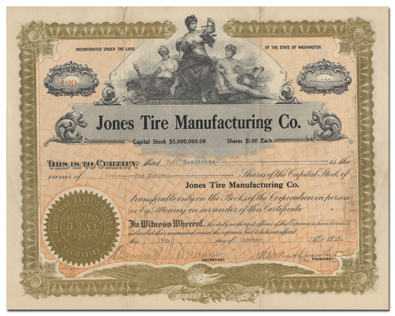 Jones Tire Manufacturing Co. Stock Certificate