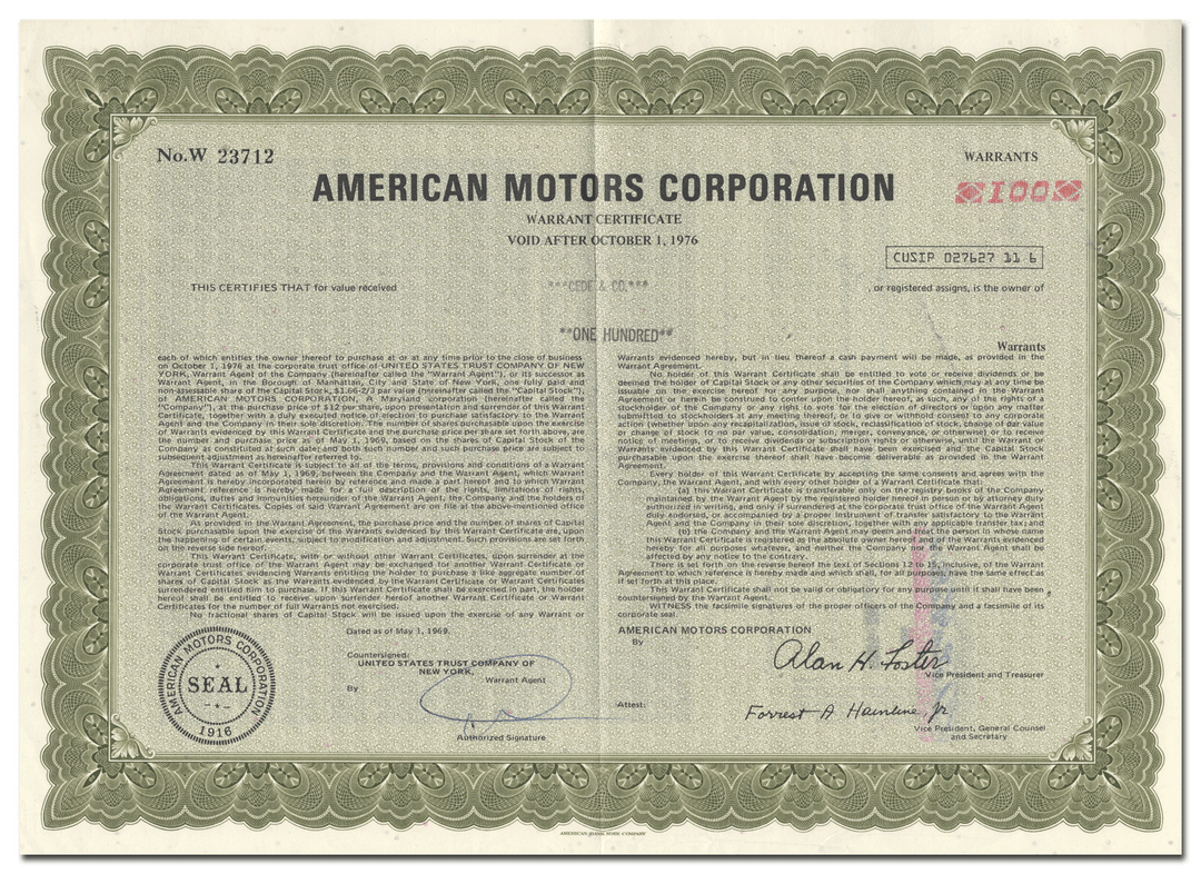 American Motors Corporation Stock Warrant