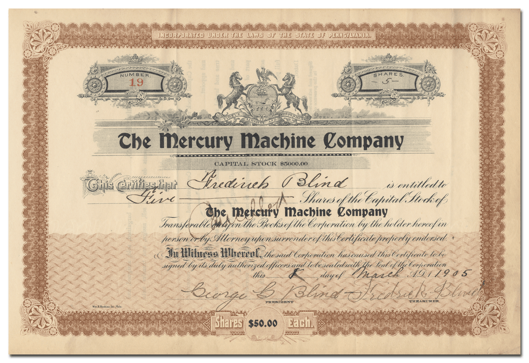 Mercury Machine Company Stock Certificate