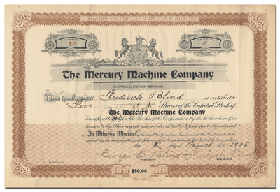 Mercury Machine Company Stock Certificate