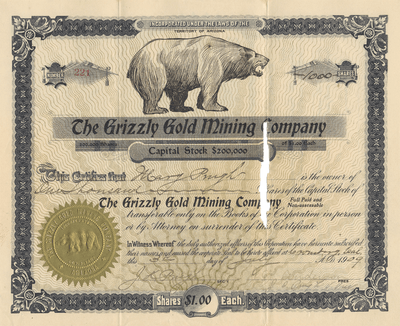 Grizzly Gold Mining Company Stock Certificate