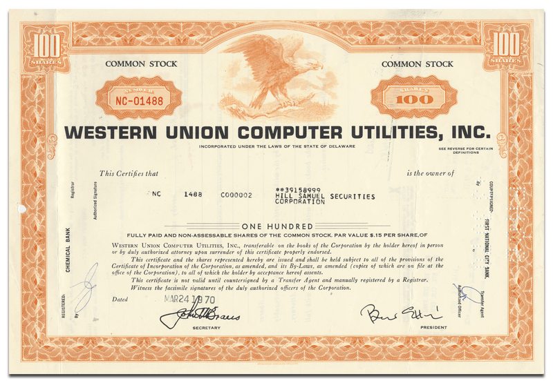 Western Union Computer Utilities, Inc. Stock Certificate