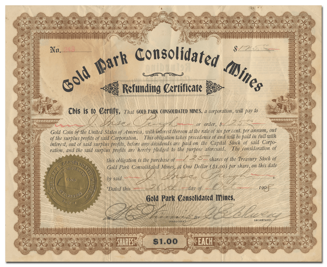 Gold Park Consolidated Mines Stock Certificate