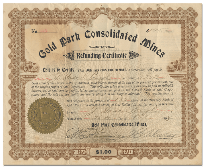 Gold Park Consolidated Mines Stock Certificate