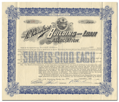 St. Petersburg Building and Loan Association Stock Certificate
